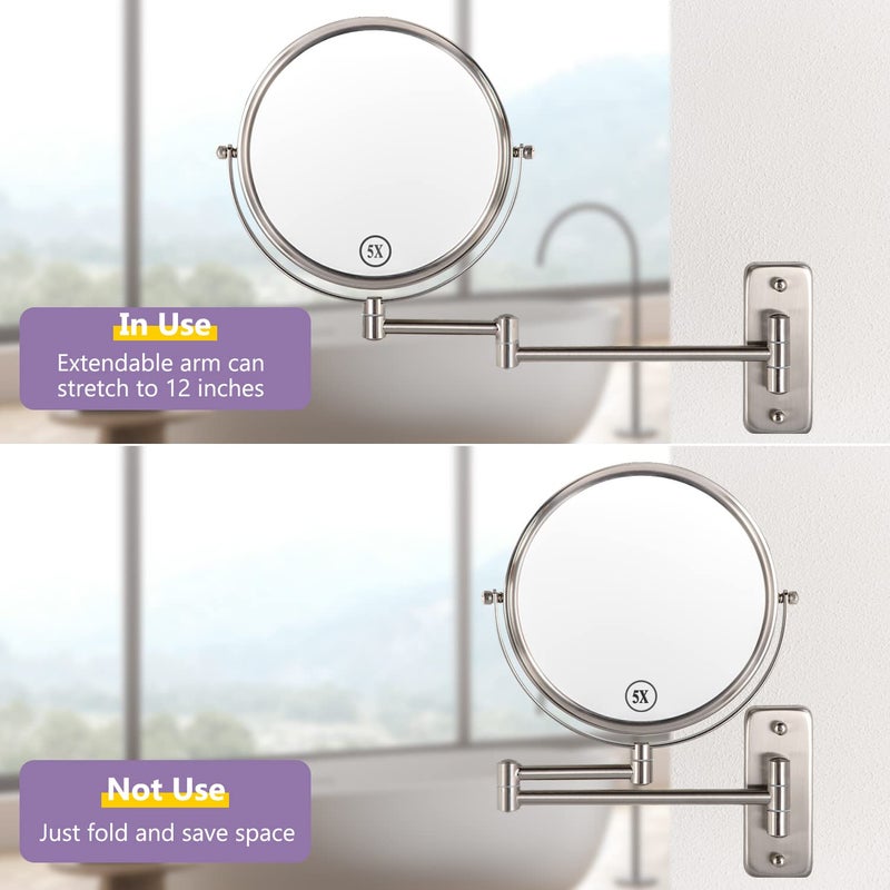 Alhakin Wall Mounted Makeup Mirror, 1X/5X Magnifying Mirror Double Sided, 8 Inch Extendable Bathroom Mirror for Shaving, Nickel - Image 5